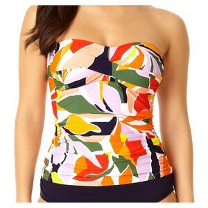 Anne Cole Women's Size Medium Orange Multicolor Shirred Bandeau Tankini Swim Top